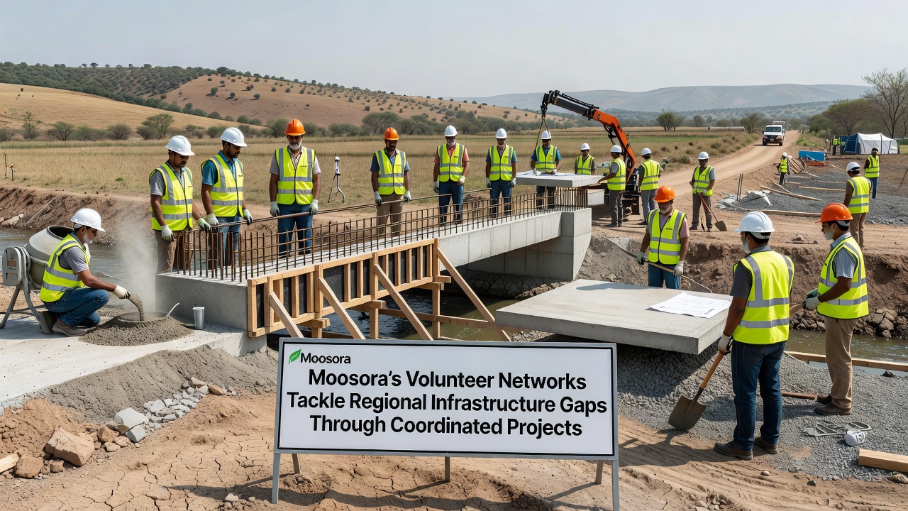 Group of volunteers installing drainage pipes along a Moosora roadside during a coordinated project